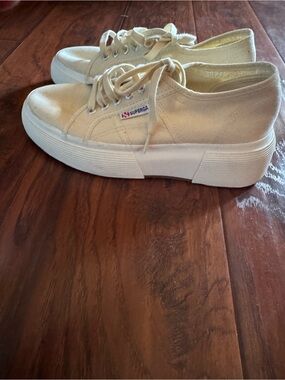 Superga Cream Platform Canvas Lace-Up Sneakers